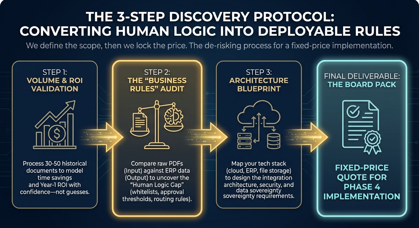 The 3-Step Discovery Protocol: Volume Validation, Business Rules Audit, and Architecture Blueprint