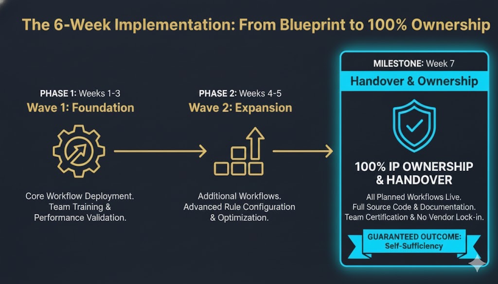 Infographic: The 12-Week Implementation - Wave 1, UAT Refinement, Wave 2, and 100% Ownership Handover